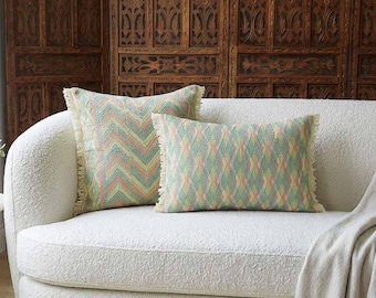 Light green Cotton slub Pillow Cover with corded Embroidery