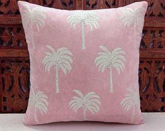 Pastel Pink Velvet Pillow Cover, Off-White Palm Tree Embroidery, Decorative Throw Cushion