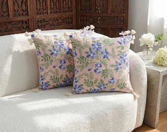 Light pink Cotton slub Pillow Cover with corded  tie dye floral Embroidery