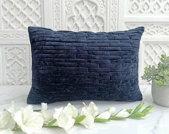 Dark Blue Velvet Pillow Cover, Lattice Cord Pattern, Decorative Cushion, Boho Home Decor