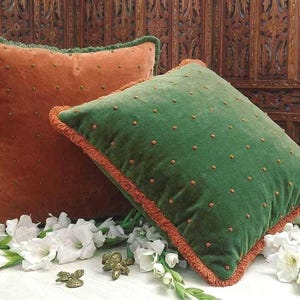 Orange or Green Velvet Pillow Cover, French Knot Embroidery, Fringe Cushion, Boho Home Decor