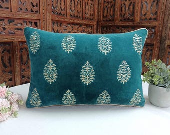 Teal Velvet Pillow Cover, Gold Embroidered Floral Cushion Cover, Boho Glam Home Decor