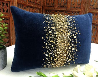 Navy Velvet Pillow Cover, Gold Bead Crystal Embellished Sofa Cushion