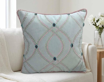 Cotton Velvet Pillow Cover with Embroidered Flowers.