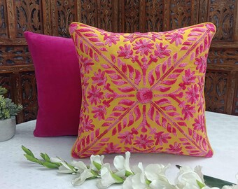 Cotton duck Pillow Cover with Crewel Embroidered