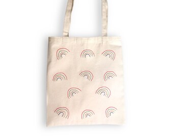 Handmade Embroidered Rainbow Canvas Tote Bag: Eco-Friendly Organic Bag