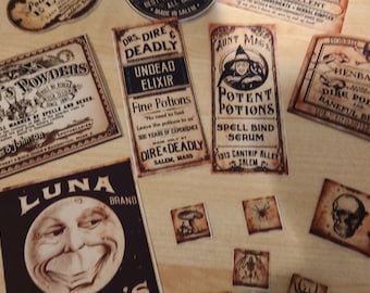 May include: A collection of vintage-style labels with Halloween themes. The labels feature illustrations of witches, skulls, and potions. The text on the labels includes phrases like "Witch's Powders", "Dire & Deadly", "Potent Potions", and "Henbane Dire Poisons".