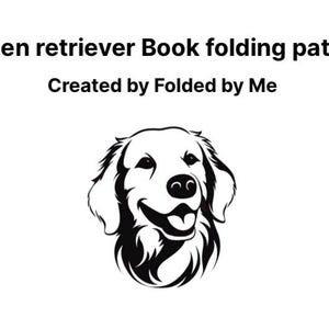 May include: Black and white line art illustration of a golden retriever dog's head. The dog is smiling with its tongue out. The text "Golden retriever Book folding pattern" and "Created by Folded by Me" is above the image.