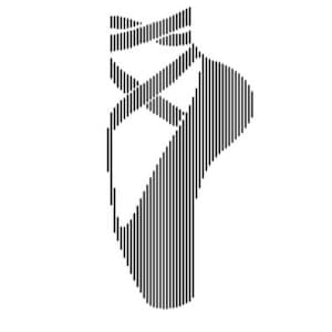 May include: A black and white line art illustration of a ballet shoe.