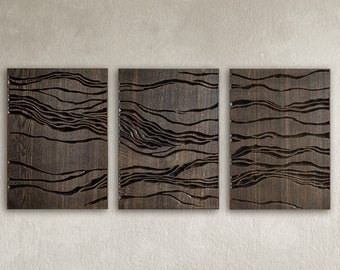 Oak triptych, set of 3 panels 28x20 inch each, engraved decor. Elegant design, large wooden modern art. A Walk in the Clouds, Ebony color.