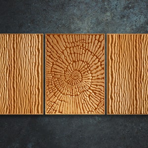 Pode incluir: Três painéis de parede de madeira com um design em relevo texturizado. O painel central apresenta um padrão circular, enquanto os painéis laterais apresentam um padrão ondulado vertical.
