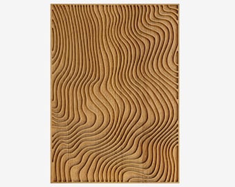 May include: A rectangular wooden panel with a carved, flowing wave pattern. The panel is made of light brown wood and features a series of parallel, curved lines that create a textured surface. The design is reminiscent of topographical maps or natural wood grain.