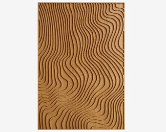 May include: A rectangular wooden panel with a carved, flowing, topographic-like design. The panel is made of light brown wood, with the carved lines creating a sense of depth and texture. The design features a series of parallel, undulating lines.