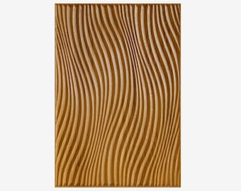 May include: A wood panel with a wavy, carved pattern. The wood is a light brown color.