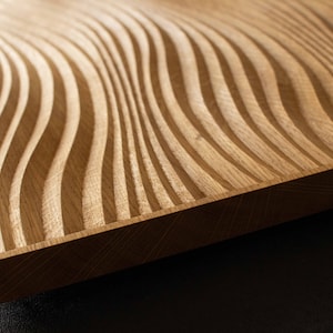 Oak wall board, 28x20 inch carved decor. Home interior design, wooden panel. Wind Wave theme, Golden Oak color.