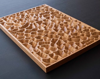 Oak wall panel, 20x14 inch carved decor. Modern interior design, wooden wall art. Deep Dive motif, Cherry color.