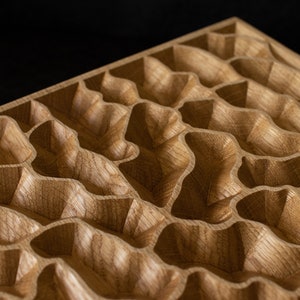 Oak wall panel, 20x14 inch carved decor. Modern interior design, wooden wall art. Deep Dive motif, Golden Oak color.
