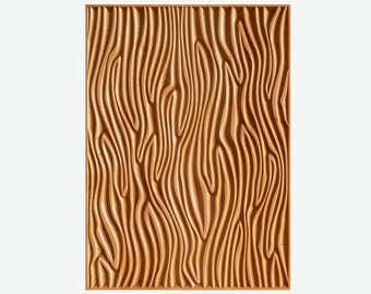 May include: A rectangular wooden wall panel featuring a carved, three-dimensional surface with flowing, vertical wave-like patterns. The natural light brown wood grain is visible throughout the textured, undulating relief design.