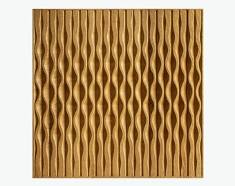May include: A square wooden panel with a repeating vertical wave pattern. The panel is made of light brown wood and has a textured surface. The wave pattern creates a sense of depth and visual interest. The panel is suitable for wall decor.