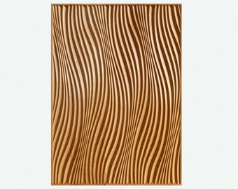 May include: A wooden wall panel with a wavy, striped pattern. The panel is made of light brown wood and has a natural finish.