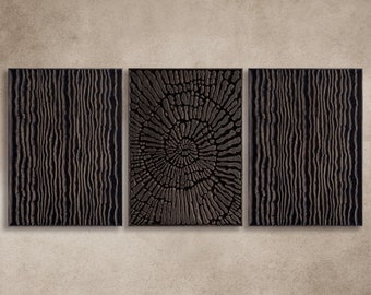 Handcrafted Oak Triptych - Coastal Themed Interior Design, Ebony Finish, Set of 3 Panels
