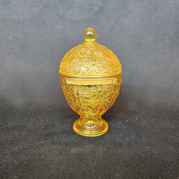 Vintage Avon Yellow/Gold/Amber Glass Candle Holder with Cover, Candy Jar