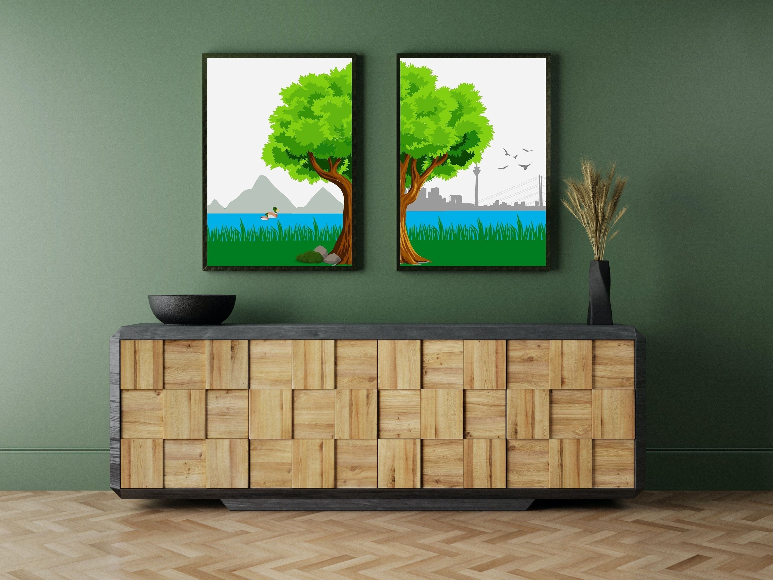 Set of 2 Botanical Printable Wall Art Tree, Wood, Green Print Art Home