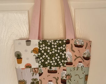Patchwork Tote Bag, plant tote bag, handmade fabric tote bag,shopping bag, handmade bag, book bag, Boho bag, unique gift, handmade bag