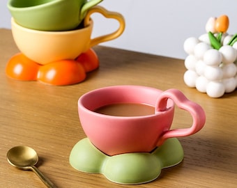 Love Handle Coffee Cup Set, Fruit Color, Mug, Cloud Saucer, Unique Gift