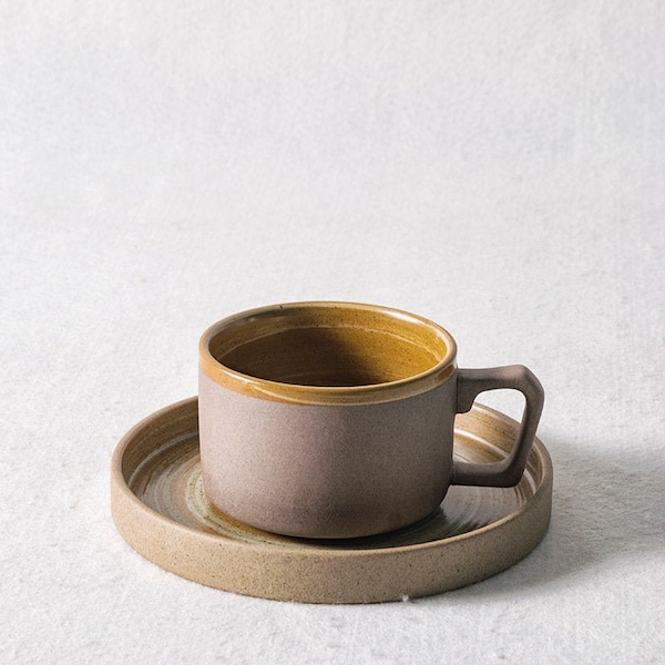 Japanese Style Stoneware Coffee Cup and Saucer Set,Coffee Cup,Retro Vintage Cup,Vintage Style,Matte glaze