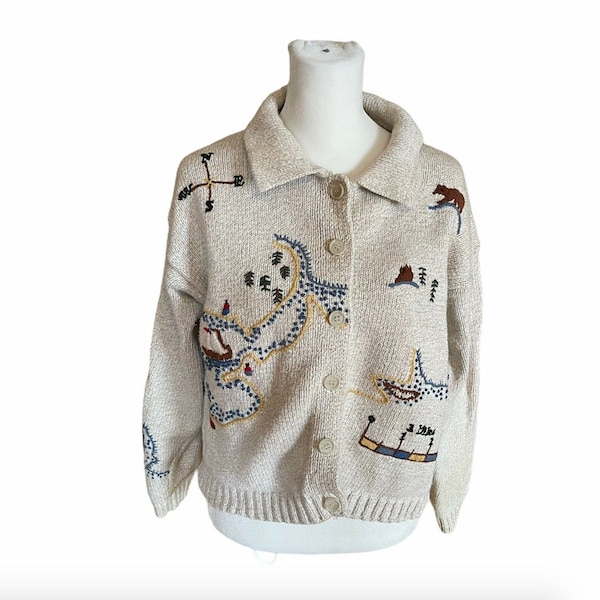 vintage cotton scenic sweater cardigan | cottage core hand knit cardi | embroidered nautical folklore compass map bear knit