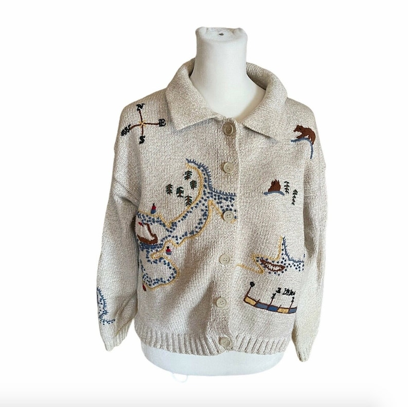 vintage cotton scenic sweater cardigan cottage core hand knit cardi embroidered nautical folklore compass map bear knit image 1