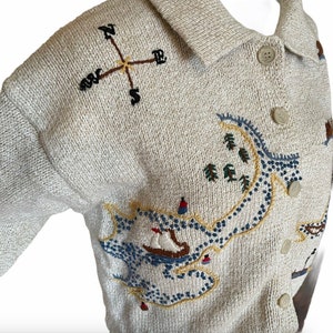 vintage cotton scenic sweater cardigan cottage core hand knit cardi embroidered nautical folklore compass map bear knit image 2