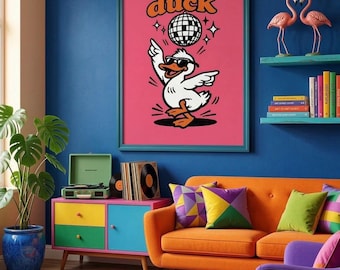 Disco Duck Art Print | Retro 70s Style Poster | Funky Animal Illustration | Colorful Decor