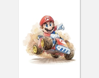 Mario Kart Watercolor Print | Hand-Painted Racer Wall Art