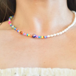 Half bead half pearl necklace, choker bead pearl necklace, rainbow pearl necklace, multicolor pearl necklace