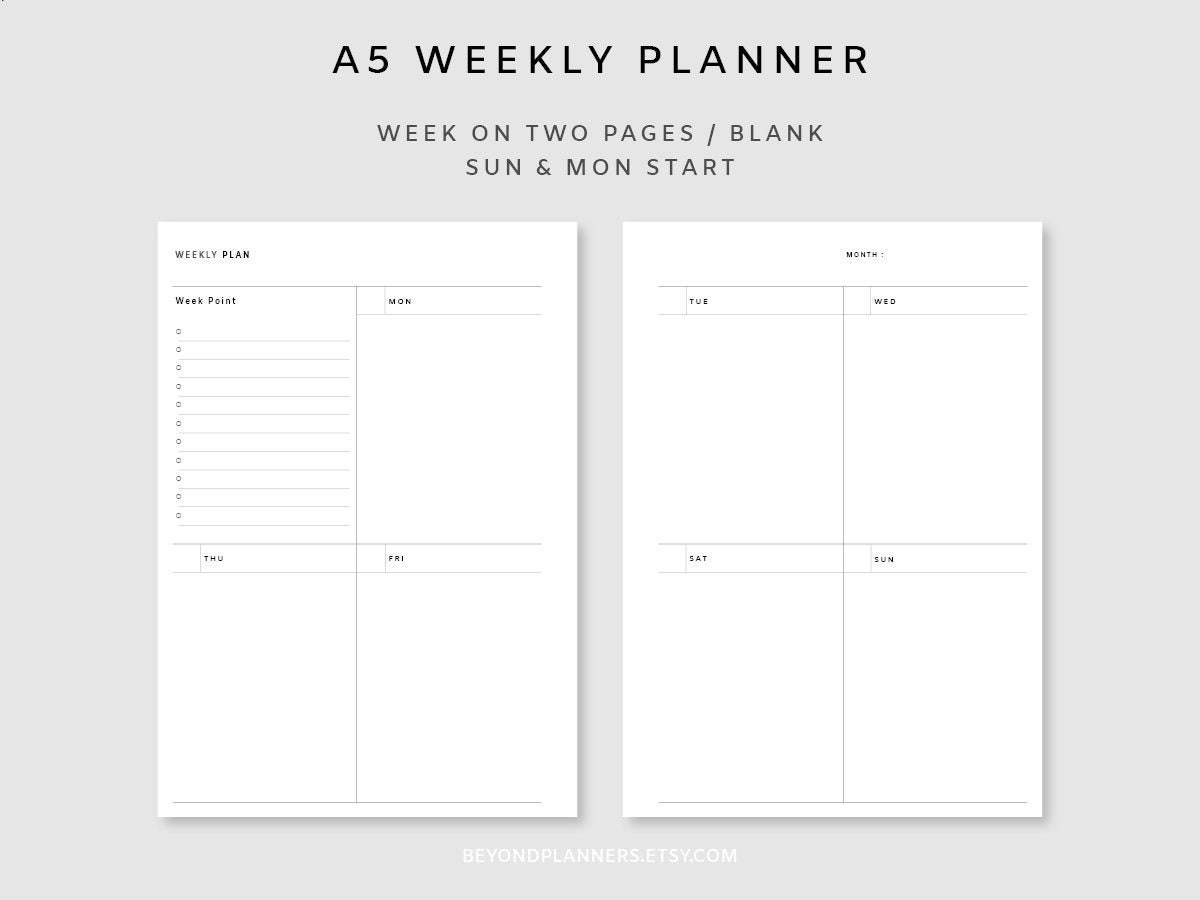 Week On Two Pages A5 Printable Undated Weekly Planner Etsy