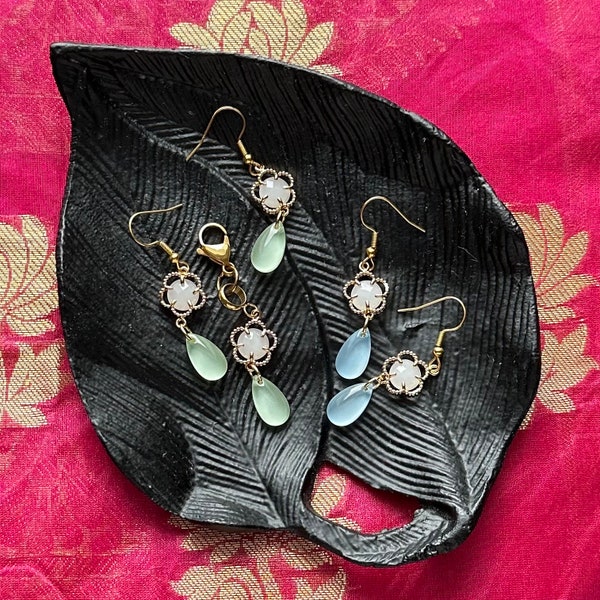 Boucles d’oreilles vert avec pendentif collier à accrocher ou bleu sans pendentif