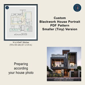 Könnte beinhalten: Ein gerahmtes Blackwork-Hausporträt-Kreuzstichmuster. Das Muster ist 7,8 x 8,5 cm groß und enthält den Text "since 2015". Das Bild enthält auch ein Foto eines modernen Hauses. Der Text lautet "Vorbereitung gemäß Ihrem Hausfoto."