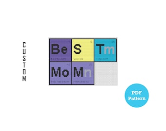 Może przedstawiać: Wzór na haft krzyżykowy przedstawiający słowo "Best Mom" napisane za pomocą symboli chemicznych berylu, siarki, tulitu, molibdenu i manganu.