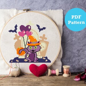 Cute Halloween Cat modern stitch pattern, Happy Halloween Cat cross stitch pattern, Mystical pdf pattern for Halloween decoration
