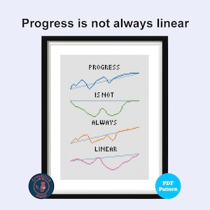May include: A cross-stitch pattern featuring a graph with four lines, each with a different color and shape. The text "Progress is not always linear" is at the top of the image. The text "PROGRESS IS NOT ALWAYS LINEAR" is on the graph.