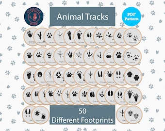 Może przedstawiać: Kolekcja 50 okrągłych tamborków z czarnymi wzorami śladów zwierząt na jasnym tle tkaniny. Obraz zawiera tekst Animal Tracks, PDF Pattern oraz 50 Different Footprints, prezentując różnorodne odciski łap i stóp dzikich zwierząt.