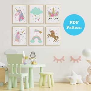Unicorn Cross Stitch Pattern Set: Kids Room Decor, PDF Pattern
