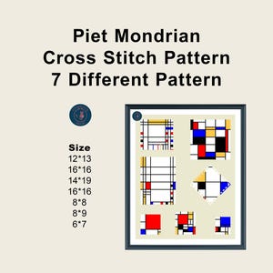 May include: A framed cross-stitch pattern featuring Piet Mondrian designs. The image includes the text "Piet Mondrian Cross Stitch Pattern 7 Different Pattern" and size options. The patterns use primary colors and geometric shapes.