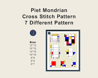 Może przedstawiać: Oprawiony wzór haftu krzyżykowego z motywami Pieta Mondriana. Obraz zawiera tekst „Piet Mondrian Cross Stitch Pattern 7 Different Pattern” i opcje rozmiaru. Wzory wykorzystują kolory podstawowe i geometryczne kształty.