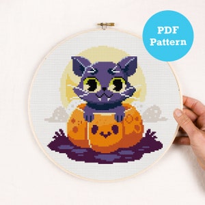 Cute Halloween Cat modern stitch pattern, Happy Halloween Cat cross stitch pattern , Cat and Pumpkin PDF Pattern