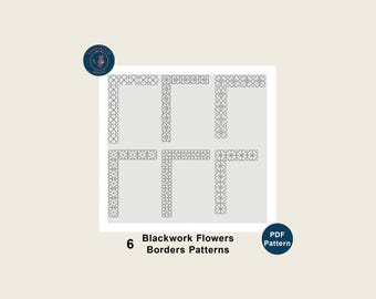 Może przedstawiać: Cyfrowy wzór PDF z sześcioma wzorami obramowań kwiatowych blackwork. Wzory są wyświetlane w formacie siatki, prezentując różne motywy geometryczne i kwiatowe. Tekst "Blackwork Flowers Borders Patterns" jest dołączony.
