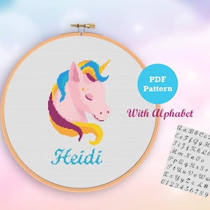 Unicorn cross stitch pattern, unicorn personalized cross stitch pattern with alphabet, modern cross stitch pattern for kids, baby room
