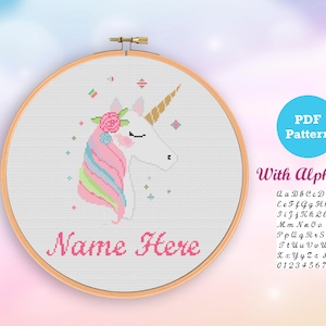 Schema punto croce unicorno, schema punto croce unicorno personalizzato con alfabeto, schema punto croce moderno per bambini, cameretta per neonati